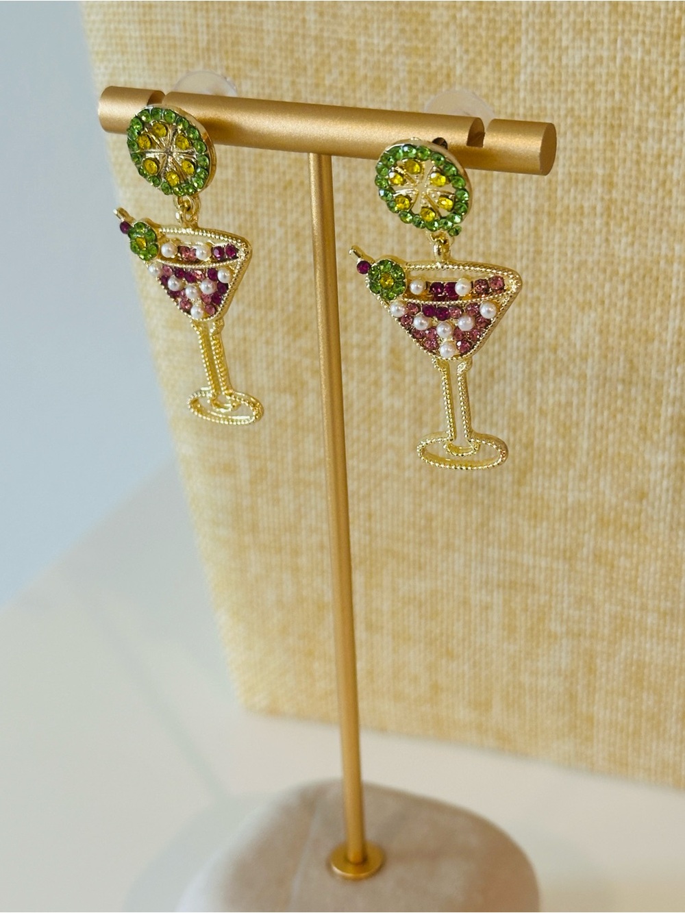 Fashion Jewelry Gold-Tone Martini Drop Earrings with Green and Pink Accents